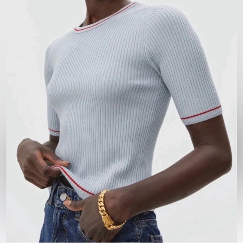 EVERLANE Wool Blend Short Sleeve Sweater Ribbed Crew Neck - SIZE M (Dark Grey)